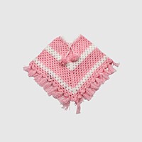 (6-12 months) Kids Handknitted Woolen Poncho, Pink and White Striped