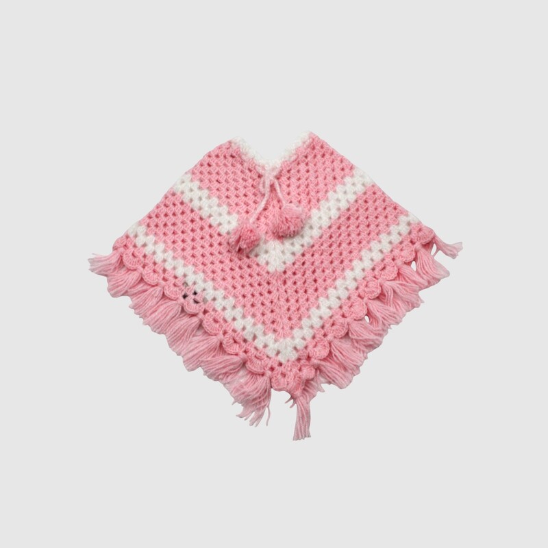 (6-12 months) Kids Handknitted Woolen Poncho, Pink and White Striped