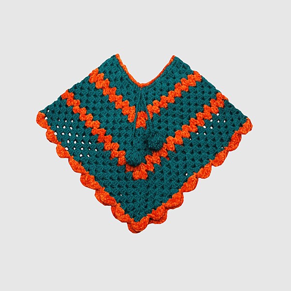 (3-4 Years) Handknitted Woolen Kids Poncho, Teal and Orange
