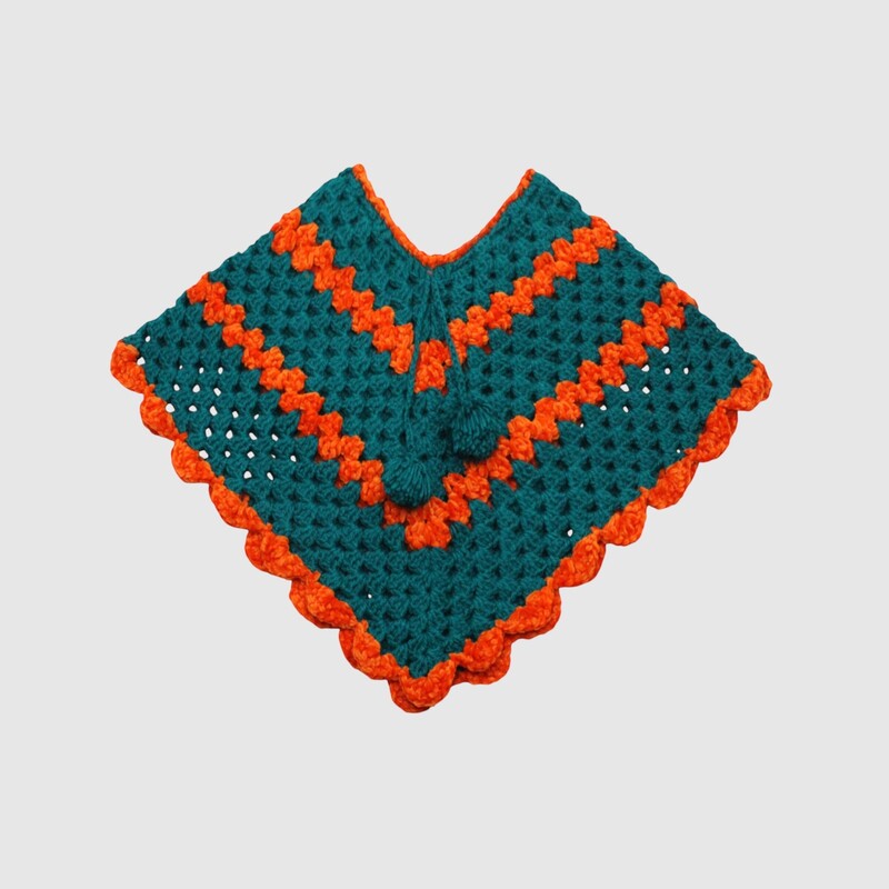 (3-4 Years) Handknitted Woolen Kids Poncho, Teal and Orange