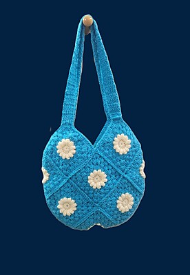 Handknitted Wool Tote Bag Blue Floral