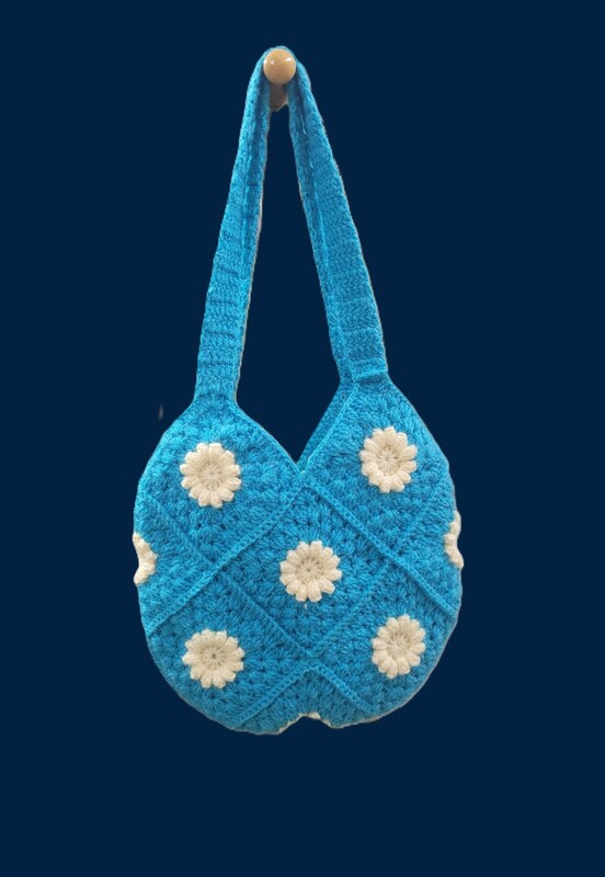 Handknitted Wool Tote Bag Blue Floral