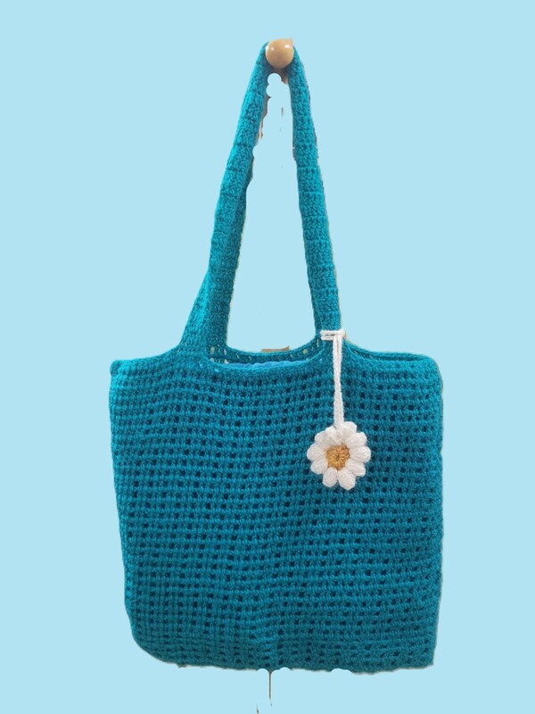 Handknitted Wool Tote Bag with Floral tag