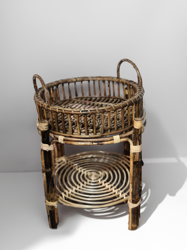 Handmade Bamboo Cane Two-Tier Plant Stand or Side Table