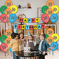 The Magic Balloon - Happy 10th Birthday Celebration Combo Kit: 30 Printed Balloons and a Banner Pack of 31pcs