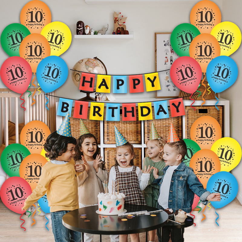 The Magic Balloon - Happy 10th Birthday Celebration Combo Kit: 30 Printed Balloons and a Banner Pack of 31pcs