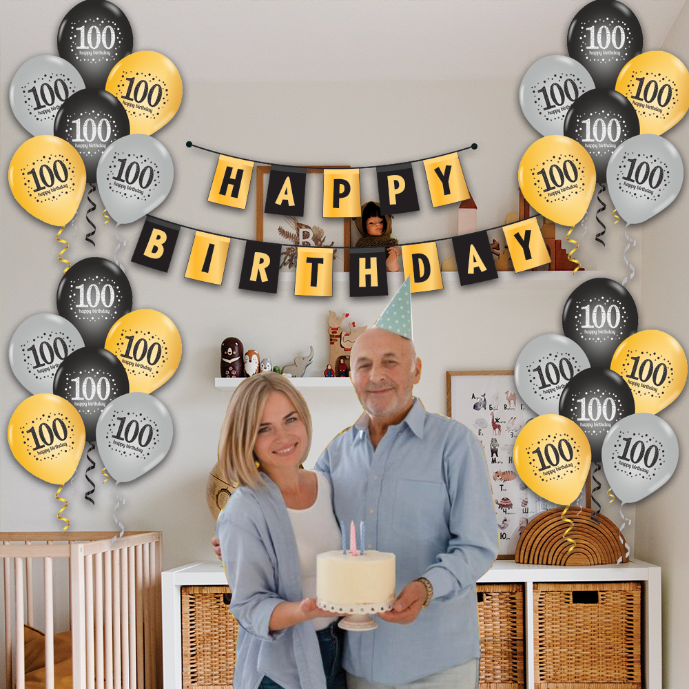 The Magic Balloons - Happy 100th Birthday Combo kit Of 30pcs Printed Balloons and 1 Banner Pack of 31pcs