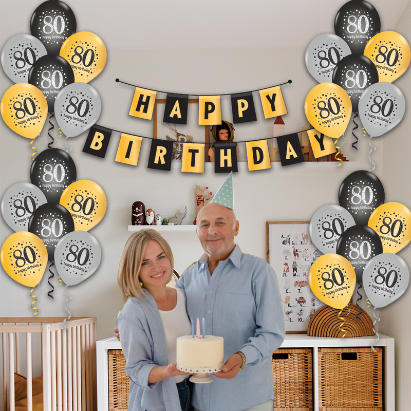 The Magic Balloons- Make Your 80th Birthday Celebration Extra Special With Our Combo Kit Of 30pcs Printed Balloons And A Banner Pack Of 31pcs