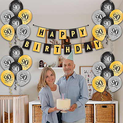 The Magic Balloon- Happy 90th Birthday Combo Kit with 30pcs Printed Balloons 1 Banner Pack of 31pcs