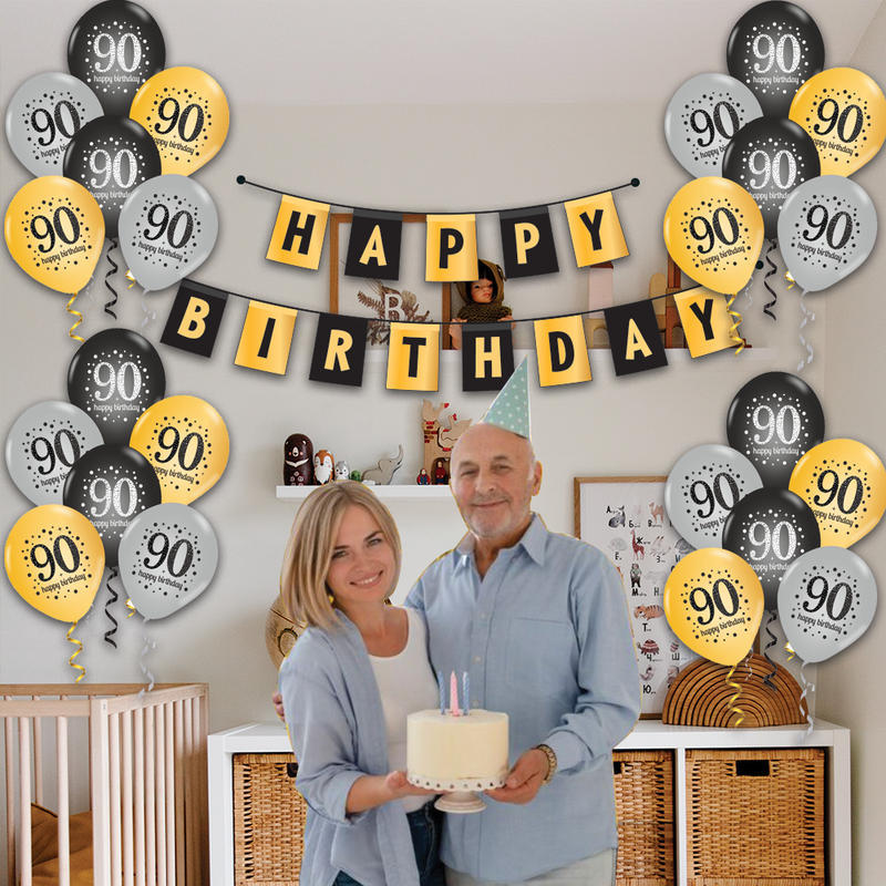 The Magic Balloon- Happy 90th Birthday Combo Kit with 30pcs Printed Balloons 1 Banner Pack of 31pcs