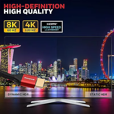 Honeywell HDMI Cable 2.1 with Ethernet, 8k@60Hz, 4K@120Hz UHD Resolution, (9.8ft/3M), 48 GBPS Transmission Ultra High Speed, Dolby DTS, eARC, 3D,Male-