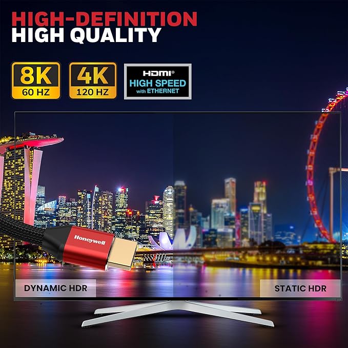 Honeywell HDMI Cable 2.1 with Ethernet, 8k@60Hz, 4k@120Hz UHD Resolution, 5 Mtr(16.4ft), 48 GBPS Transmission Ultra High Speed, Dolby DTS, eARC,3D