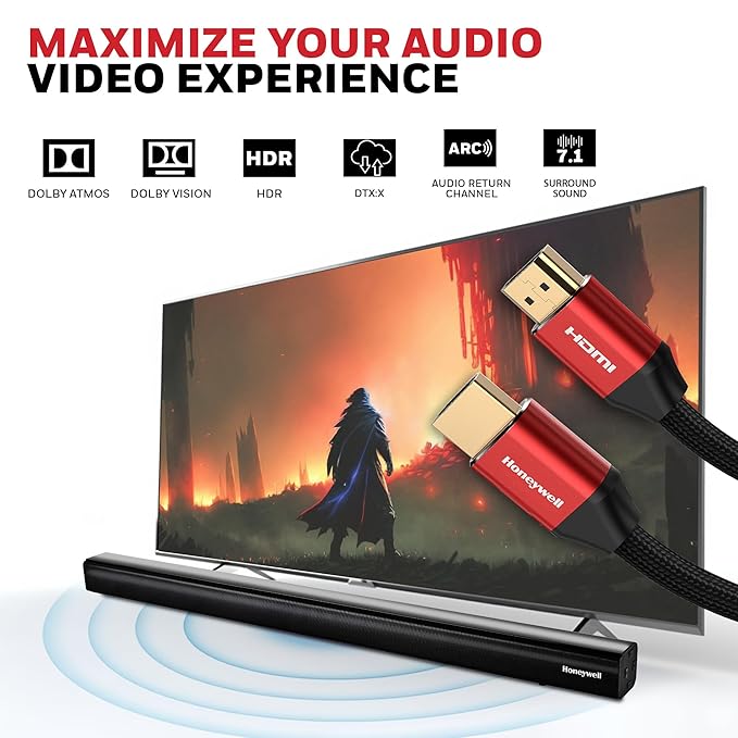 Honeywell HDMI Cable 2.1 with Ethernet, 8k@60Hz, 4k@120Hz UHD Resolution, 5 Mtr(16.4ft), 48 GBPS Transmission Ultra High Speed, Dolby DTS, eARC,3D