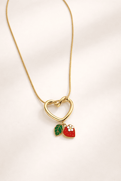 Gold Open Heart Necklace with Strawberry Charm