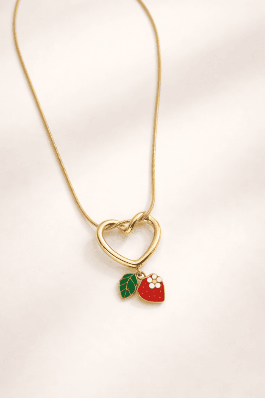 Gold Open Heart Necklace with Strawberry Charm