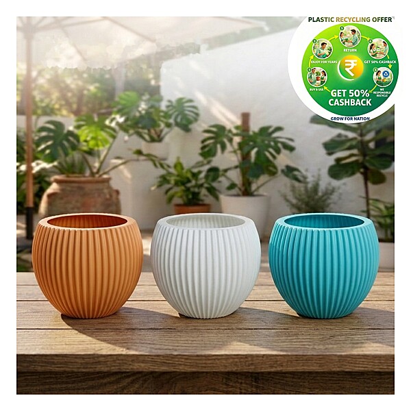 Melon Pot | Blue / White / Orange Decorative Plastic Planter | 7 Inch