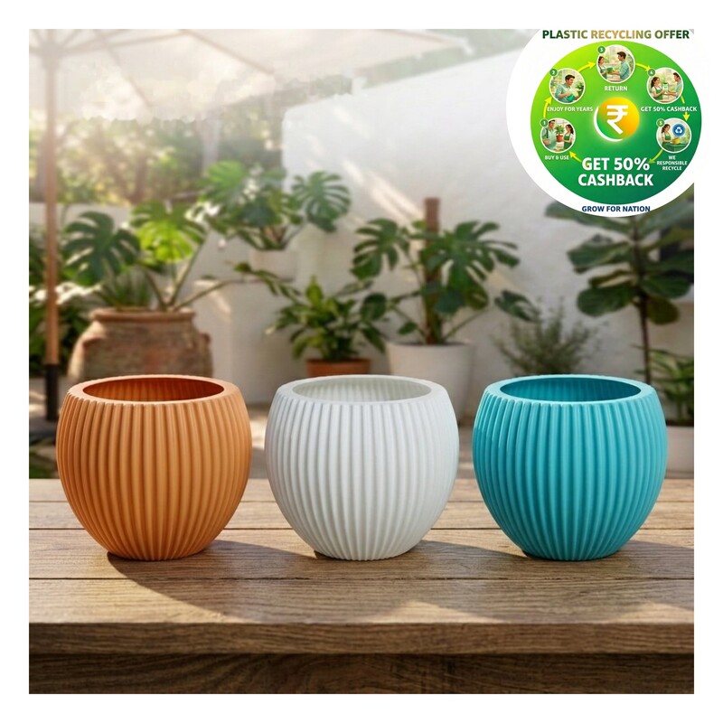 Melon Pot | Blue / White / Orange Decorative Plastic Planter | 7 Inch
