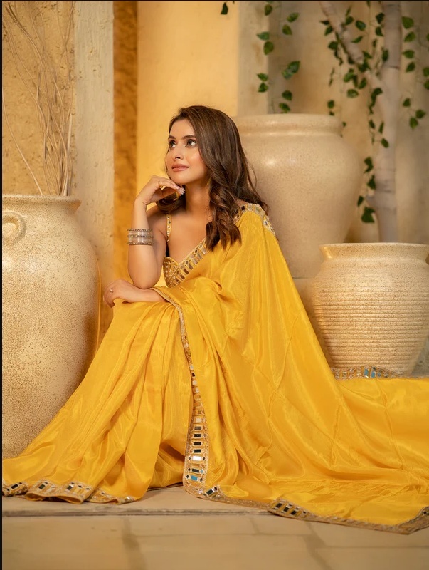Buttery Yellow Designer Mirror Work Pure Tissue Silk Saree