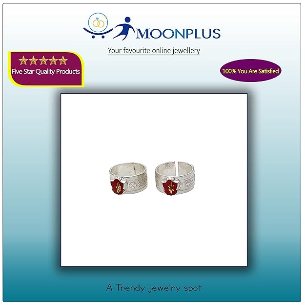 Silver Toe Ring, Metti with Red Enamel Flower Design