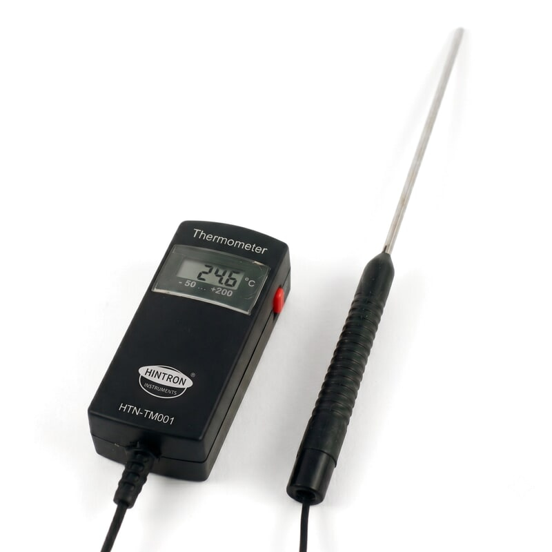 Hintron HTN-TM001 digital thermometer with stainless steel probe on cable, display reading 24.6 °C