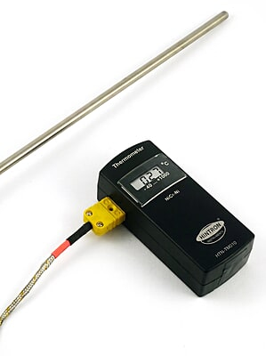 Hintron HTN-TM010 K-type thermocouple thermometer, close-up of LCD and type K connector