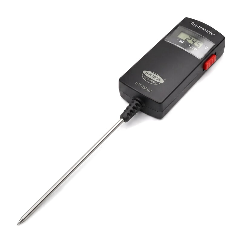 Hintron HTN-TM012 high accuracy digital thermometer with fixed stainless steel probe, angled view
