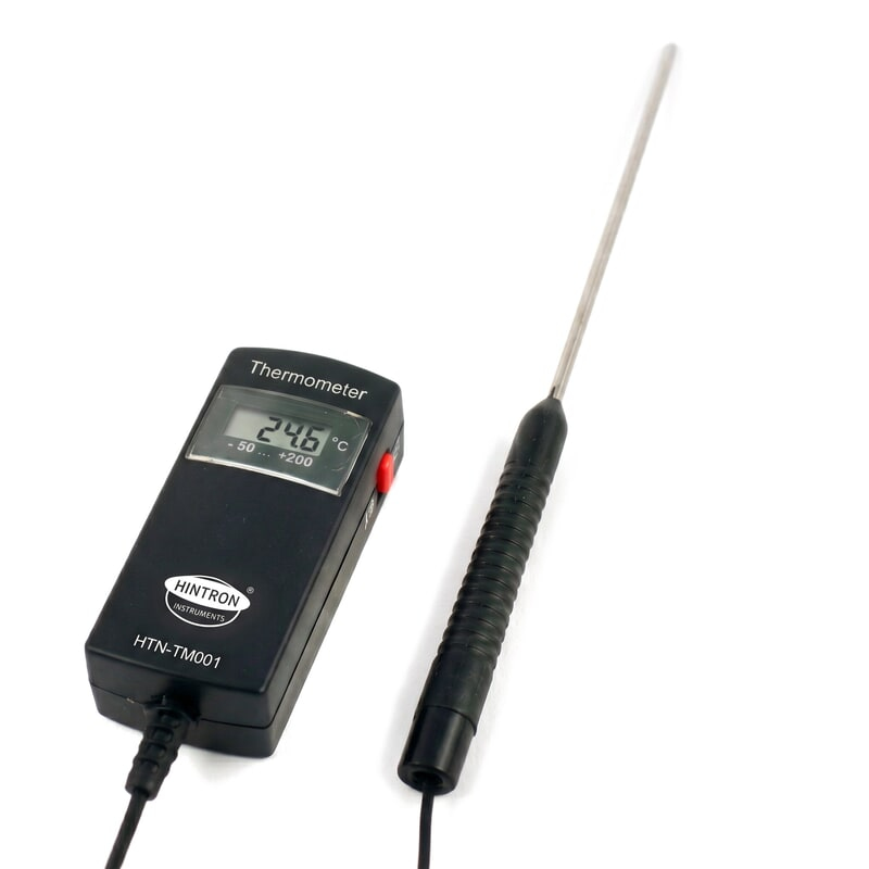 Hintron high accuracy digital thermometer with stainless steel probe on 1.2 m cable, front view