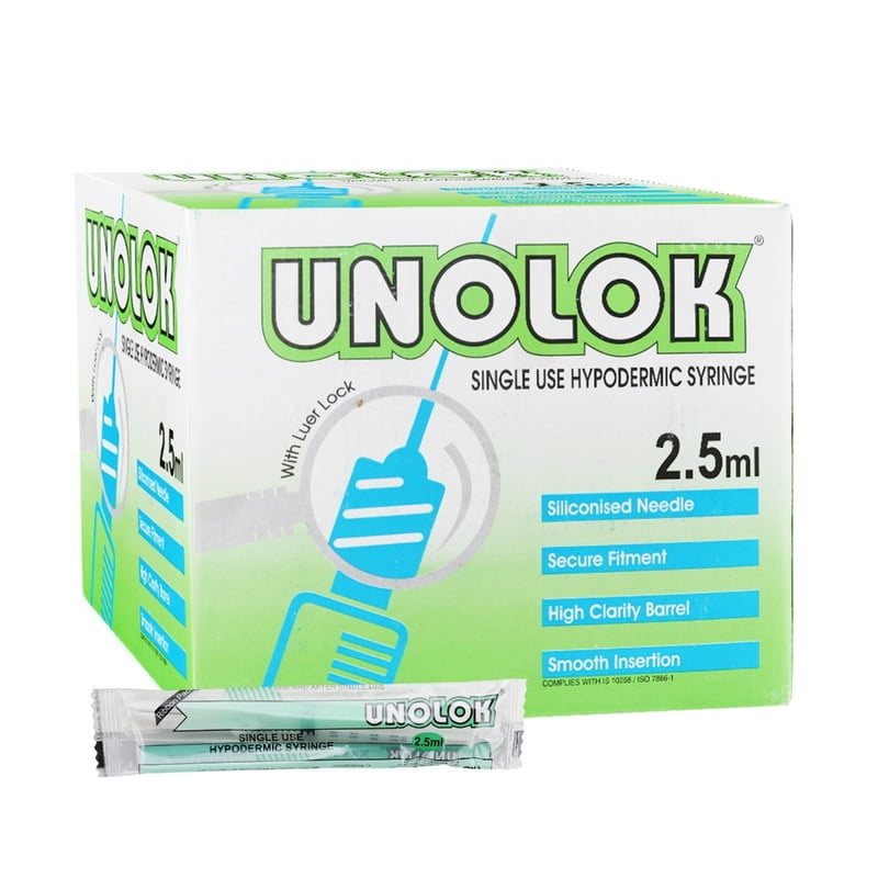 HMD Unolok Syringe 2.5ml 24G x 1 Inch Needle | Luer Lock Sterile Disposable Syringe | Box of 100