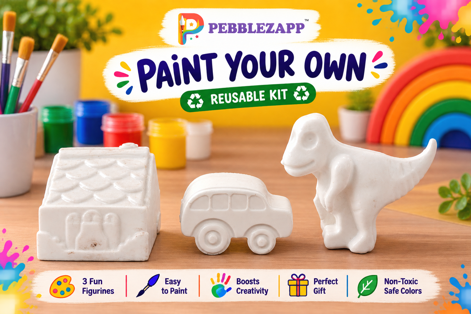 Reusable 3D House, Vehicle Toy & Dinosaur T Rex DIY Painting Kit โ Set of 3