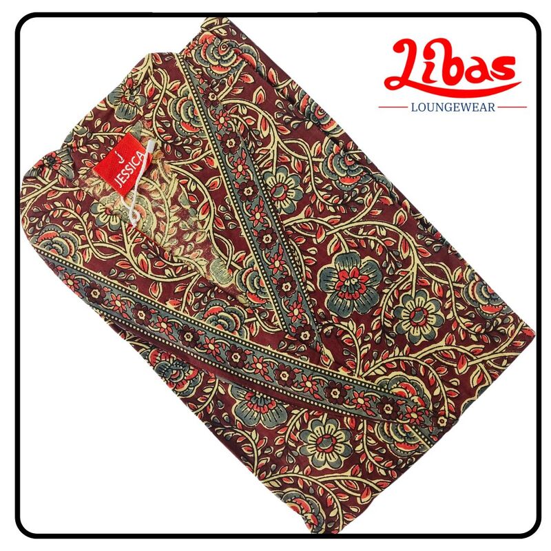 Brown and grey cotton house coat robe with floral prints from Libas loungewear-HC055