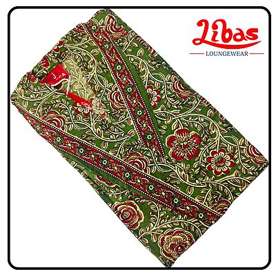 Dark green and red cotton house coat robe with floral prints from Libas loungewear-HC058
