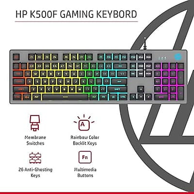 HP K500F Backlit Membrane Wired Gaming Keyboard with Mixed Color Lighting, Metal Panel with Logo Lighting, 26 Anti-Ghosting Keys, and Windows Lock Key