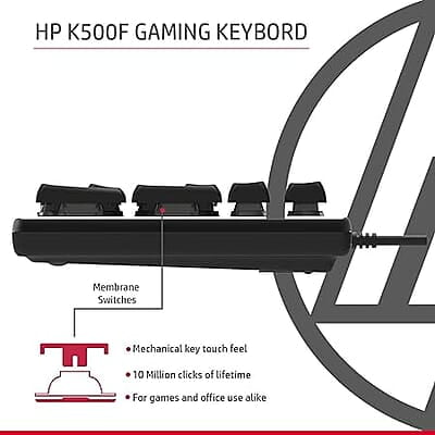 HP K500F Backlit Membrane Wired Gaming Keyboard with Mixed Color Lighting, Metal Panel with Logo Lighting, 26 Anti-Ghosting Keys, and Windows Lock Key