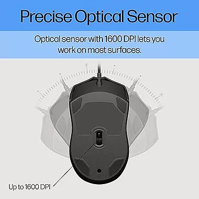HP Wired Mouse 100 with 1600 DPI Optical Sensor, USB Plug-and -Play,ambidextrous Design, Built-in Scrolling and 3 Handy Buttons. 3-Years Warranty