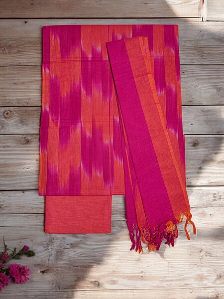 Pink & Orange Pochampally Ikkat Unstitched Salwar kameez dress material with dupatta for Women