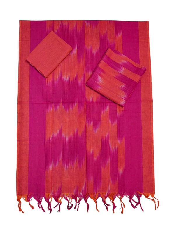 Pink & Orange Pochampally Ikkat Unstitched Salwar kameez dress material with dupatta for Women