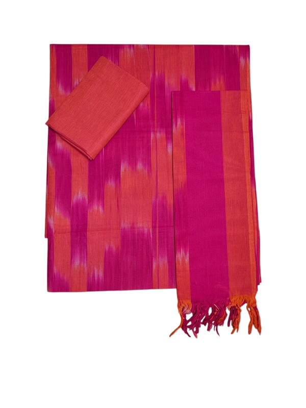 Pink & Orange Pochampally Ikkat Unstitched Salwar kameez dress material with dupatta for Women