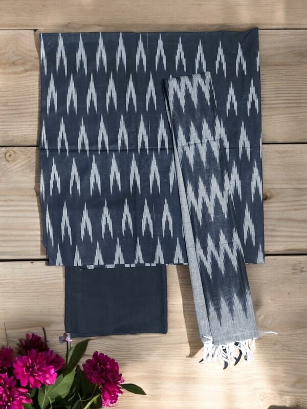 Black Ikkat Cotton Unstitched Salwar Suit Dress Material with Dupatta