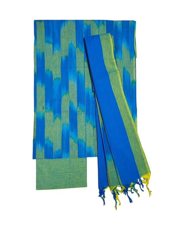 Blue & Green Pochampally Ikkat Unstitched Salwar kameez dress material with dupatta for Women