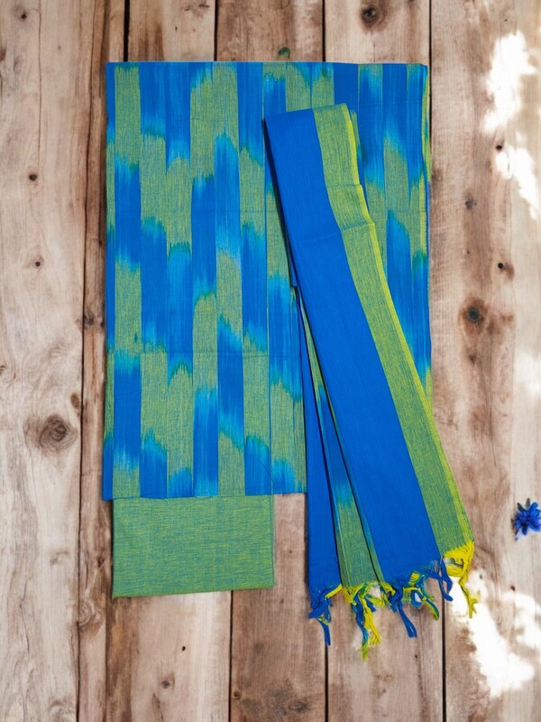 Blue & Green Pochampally Ikkat Unstitched Salwar kameez dress material with dupatta for Women