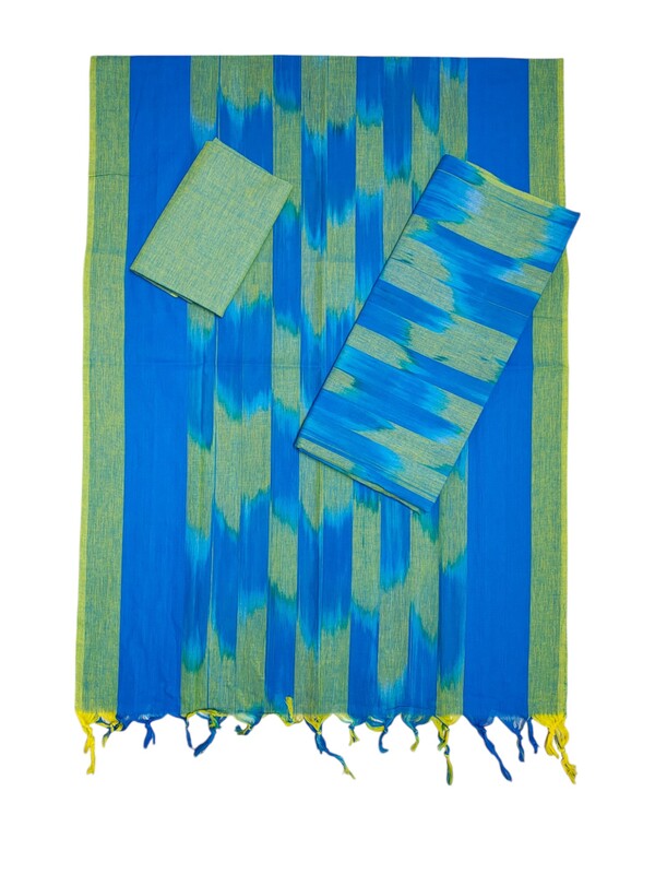 Blue & Green Pochampally Ikkat Unstitched Salwar kameez dress material with dupatta for Women