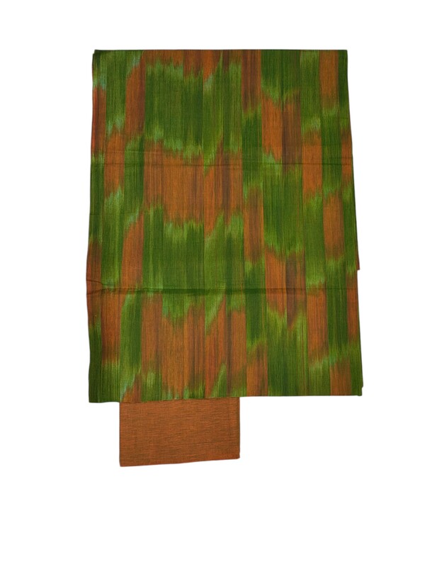 Green & Orange Unstitched Pochampally Ikkat Salwar Suit Set with Dupatta for Women
