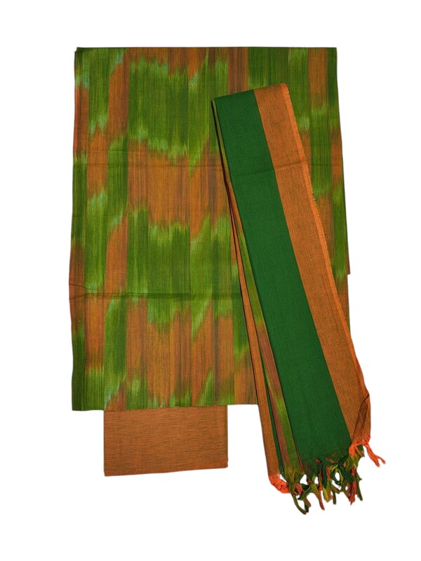 Green & Orange Unstitched Pochampally Ikkat Salwar Suit Set with Dupatta for Women