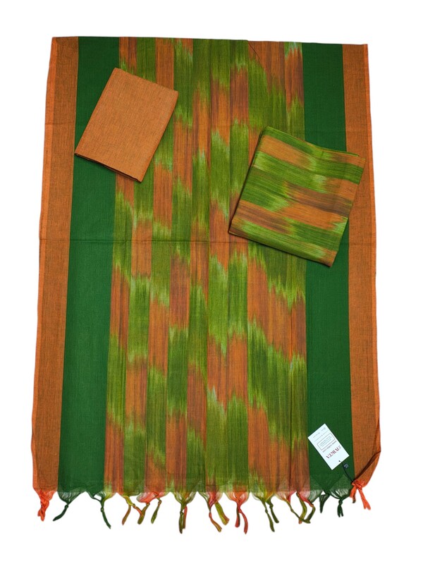 Green & Orange Unstitched Pochampally Ikkat Salwar Suit Set with Dupatta for Women