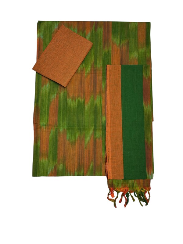 Green & Orange Unstitched Pochampally Ikkat Salwar Suit Set with Dupatta for Women