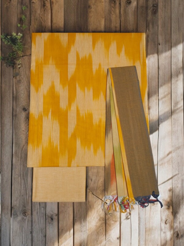 Mustard Pochampally Ikkat Cotton Unstitched Salwar Suit Set with Dupatta