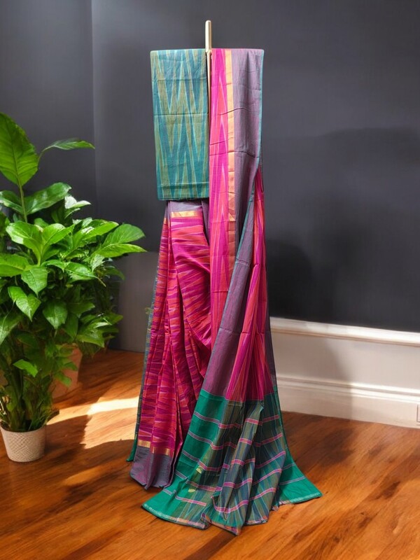 Pink & Green Pochampally Ikkat Cotton Saree with Unstitched Blouse