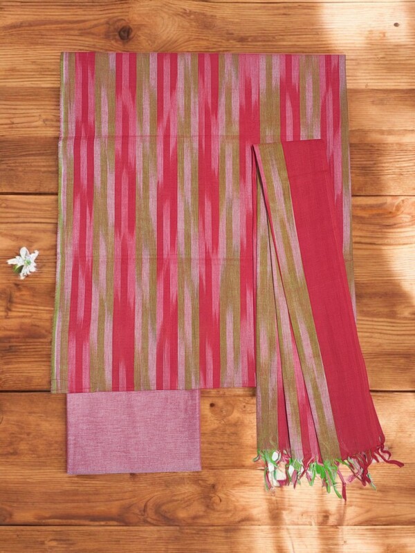 Red & Olive Green Ikkat Cotton Unstitched Salwar Suit Dress Material with Dupatta