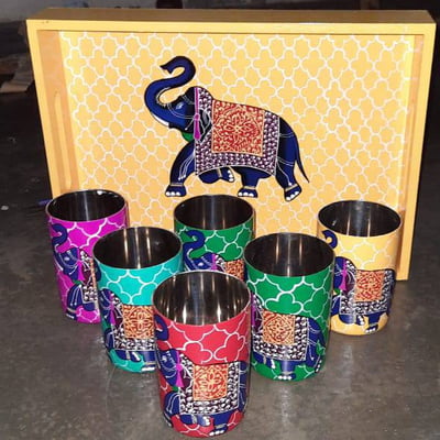 Indian Handcrafted Woodenlia Decorative Serving Jar Juice / Water with Glass Set and Serving Tray Indian Handcrafted Woodenlia Decorative Serving Jar Juice / Water with Glass Set and Serving Tray