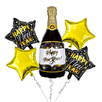 The Magic Balloons - New Year Theme Foil Balloons combo Kit For New Year Party Decoration Pack of 5pcs 2 Stars, 2 Circles And A Big Size Champion Bottle Foil Balloon For Home and Offices.